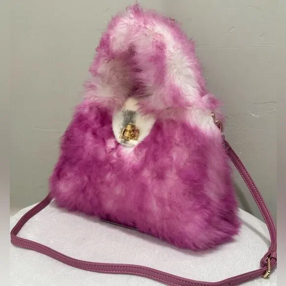 2 Tone Real Lamb Fur Handmade Top Handle, Fold Over Flap Handbag, Crossbody bag - Picture 1 of 16